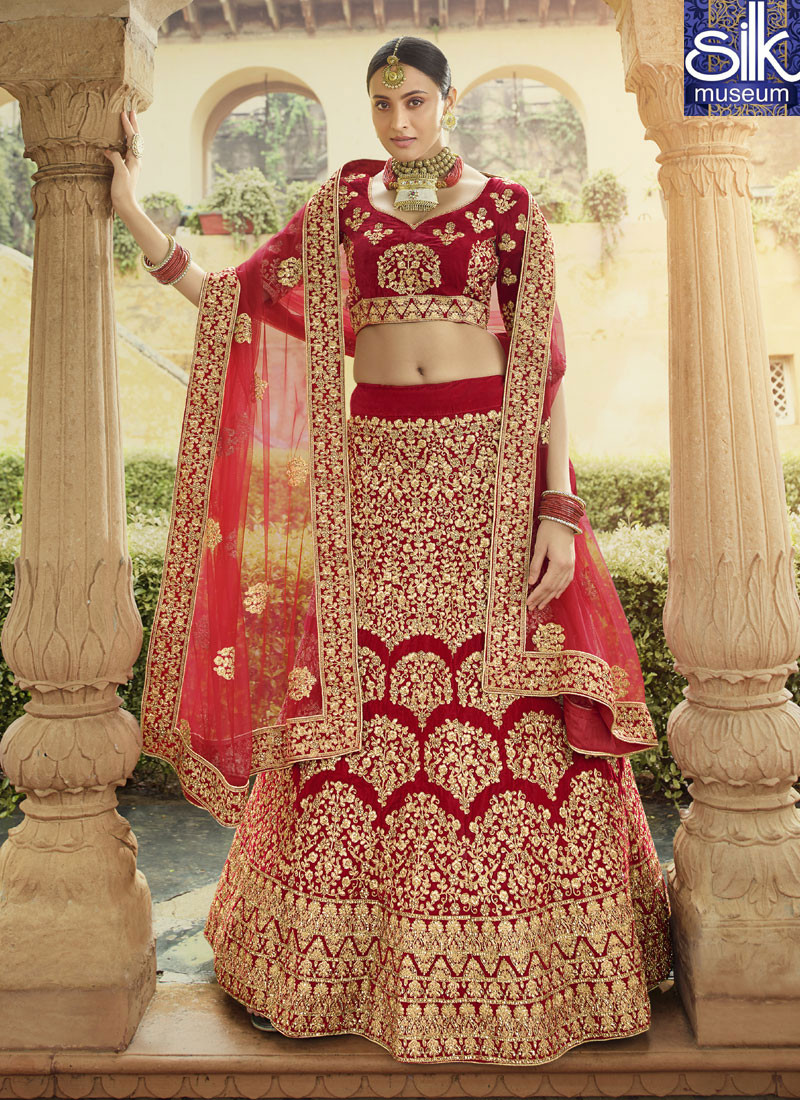14404 Divine Red Color Velvet Designer Bridal Wear Lehenga Choli