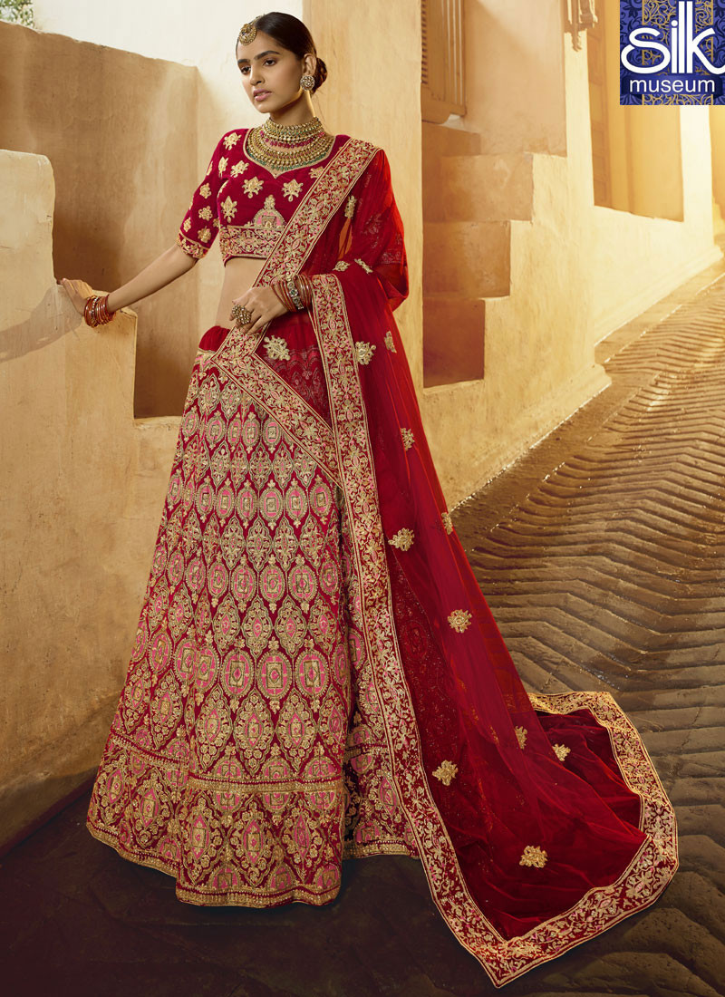 14405 Outstanding Red Color Velvet Fabric New Designer Bridal Wear Lehenga Choli