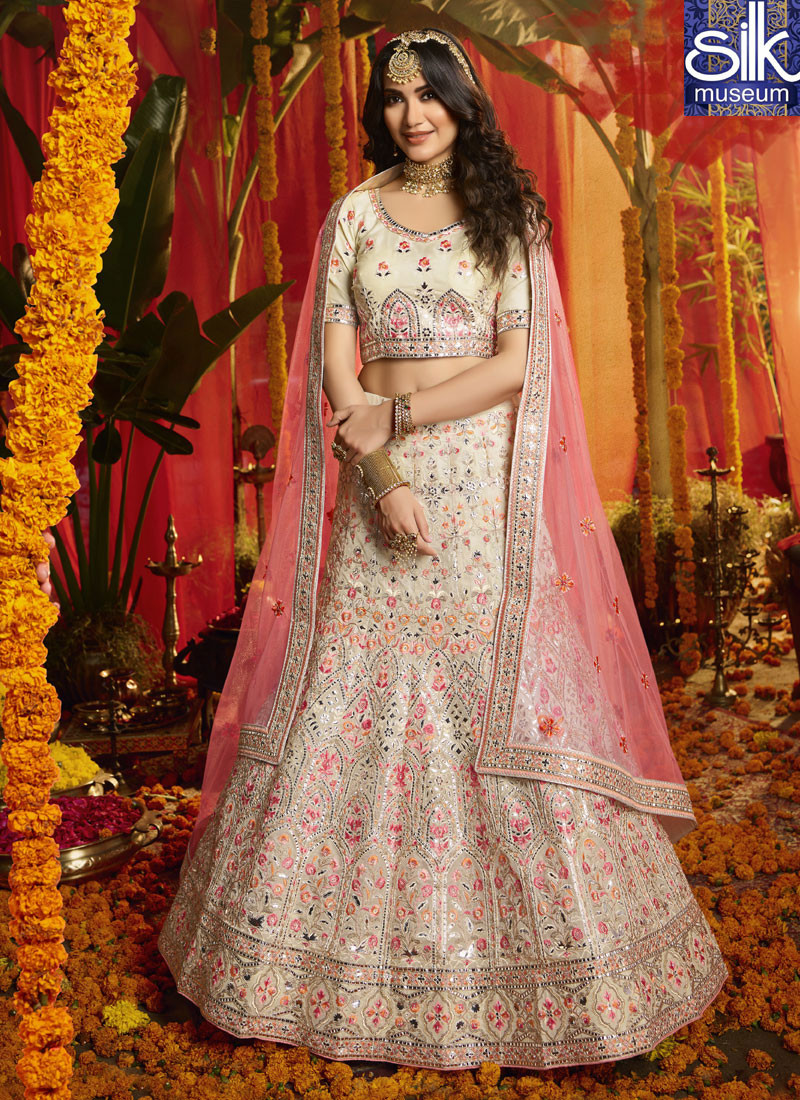 14420 Awesome New Designer Cream Color Organza Fabric Lehenga Choli