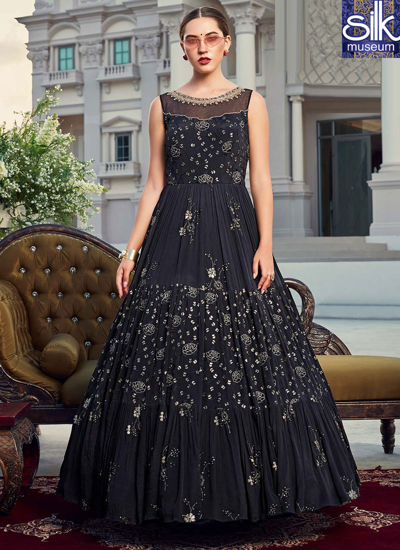 14427 Lovely Dark Navy Blue Color Chinon New Designer Ready Made Gown