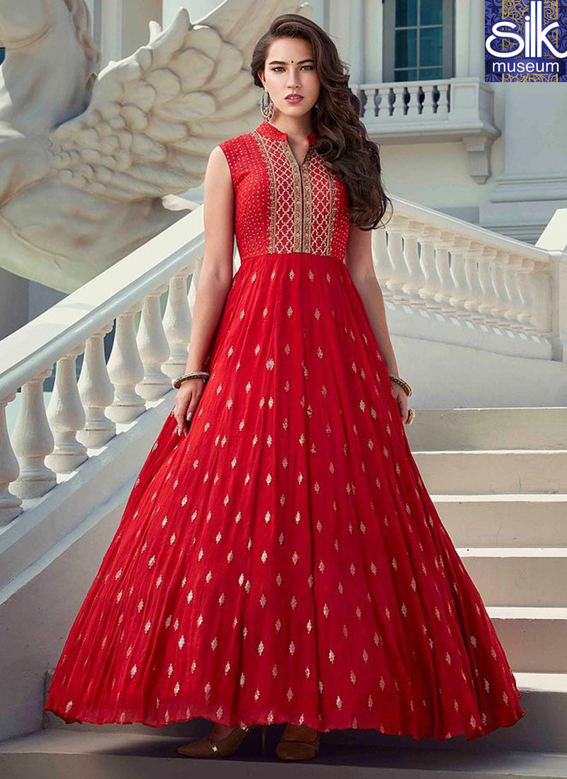 14429 Attractive Red Color Faux Georgette New Designer Party Wear Ready Made Gown