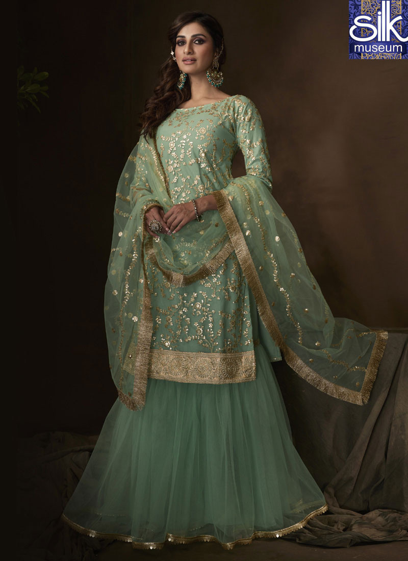 14431 Beautiful Sea Green Color Soft Net Designer Party Wear Garara Suit