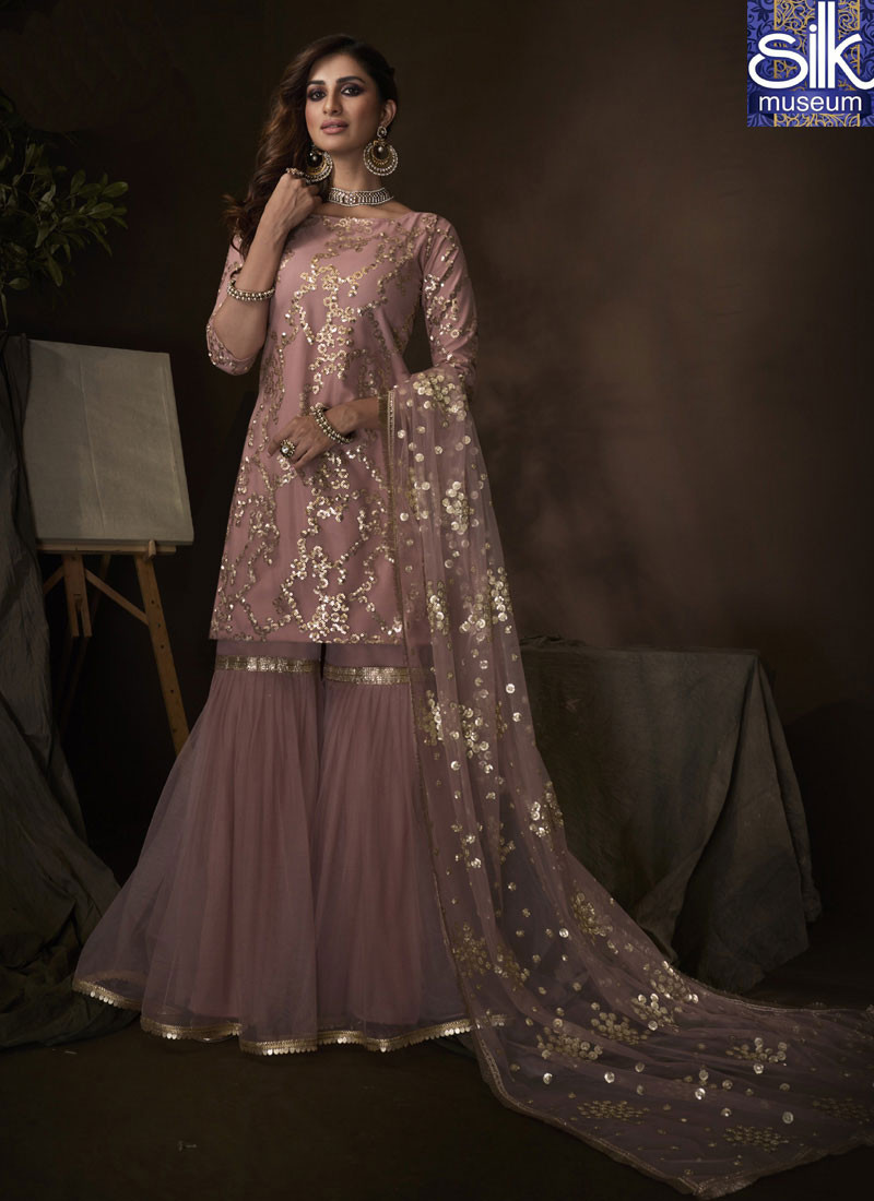 14433 Awesome Lavender Color Soft Net Designer Party Wear Garara Suit