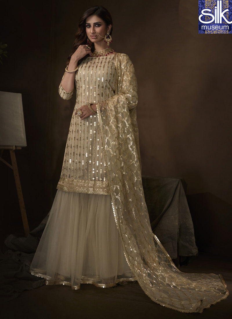 14434 Divine Beige Color Soft Net New Designer Party Wear Garara Suit