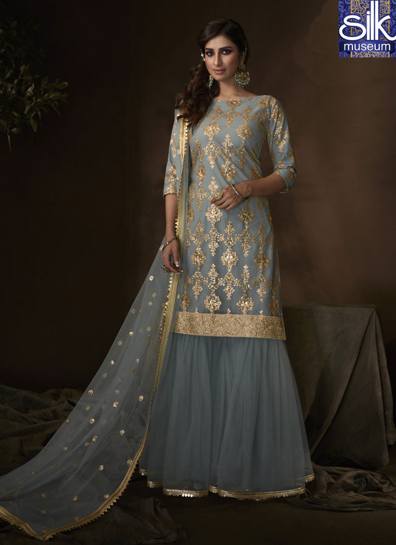 14435 Outstanding Grey Color Soft Net Designer Party Wear Garara Suit