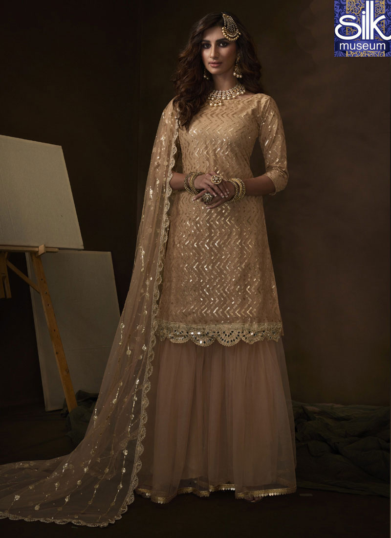 14436 Beige Color Soft Net Designer New Party Wear Garara Suit