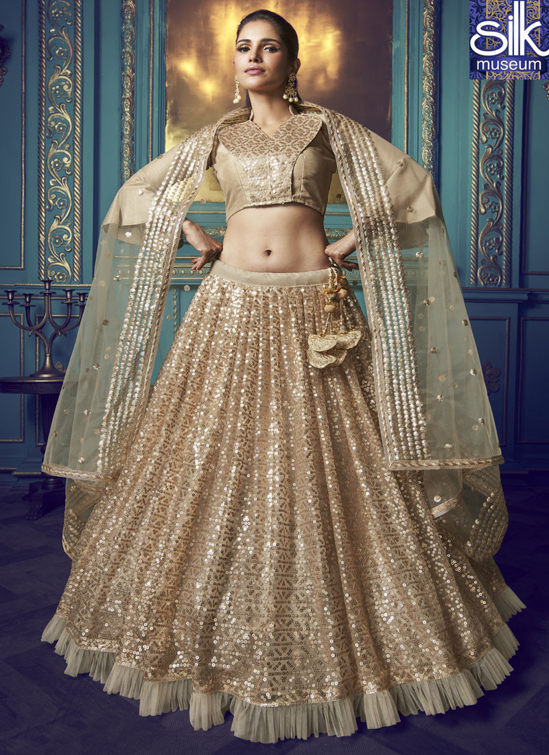 14443 Awesome Golden Color Net Designer Sequence Work Lehenga Choli