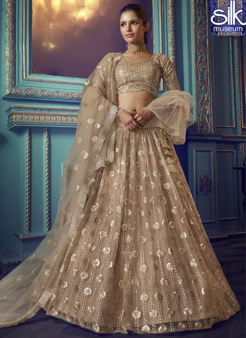 14446 Beige Color Soft Net Designer Party Wear Sequence Work Lehenga Choli
