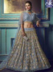 Steel Grey Color Soft Net Designer Party Wear A Line Lehenga Choli