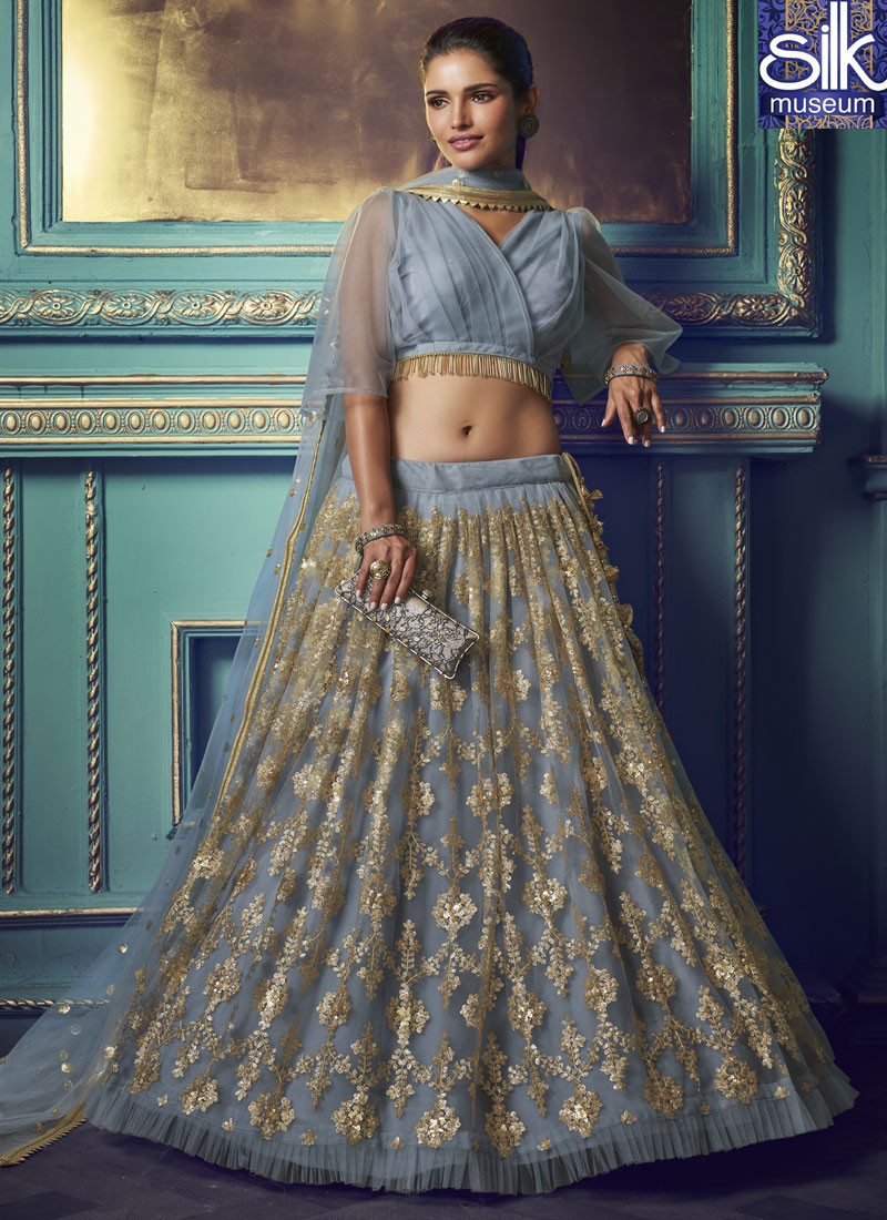 14447 Steel Grey Color Soft Net Designer Party Wear A Line Lehenga Choli