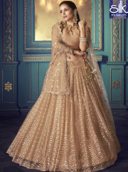 Lovely Beige Color Soft Net Designer Party Wear Sequence Work A Line Lehenga Choli