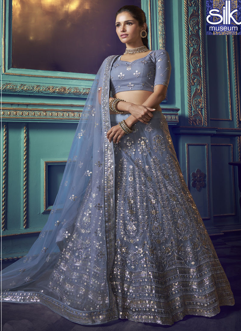 14449 Magnetic Steel Grey Color Soft Net Designer Party Wear Lehenga Choli