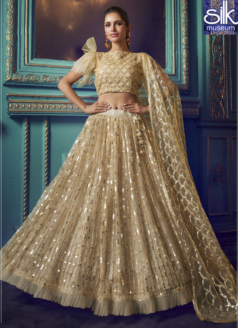 14451 Beautiful Golden Color Soft Net Designer Sequence Work Party Wear Lehenga Choli