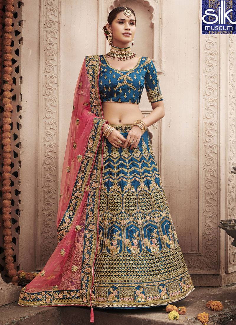 14462 Awesome Teal Blue Color Silk Designer Wedding Wear A Line Lehenga Choli