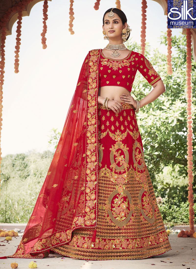 14465 Delightful Red Color Silk Designer Wedding Wear A Line Lehenga Choli