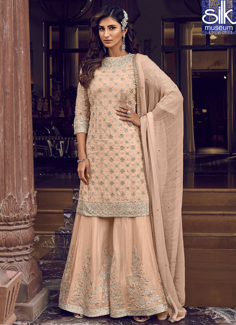 Outstanding Peach Color Georgette Designer Party Wear Garara Suit