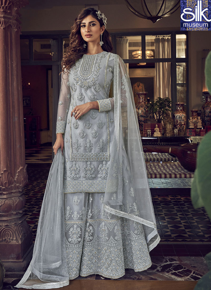 14471 Wonderful Grey Color Net Designer Party Wear Pakistani Style Garara Suit