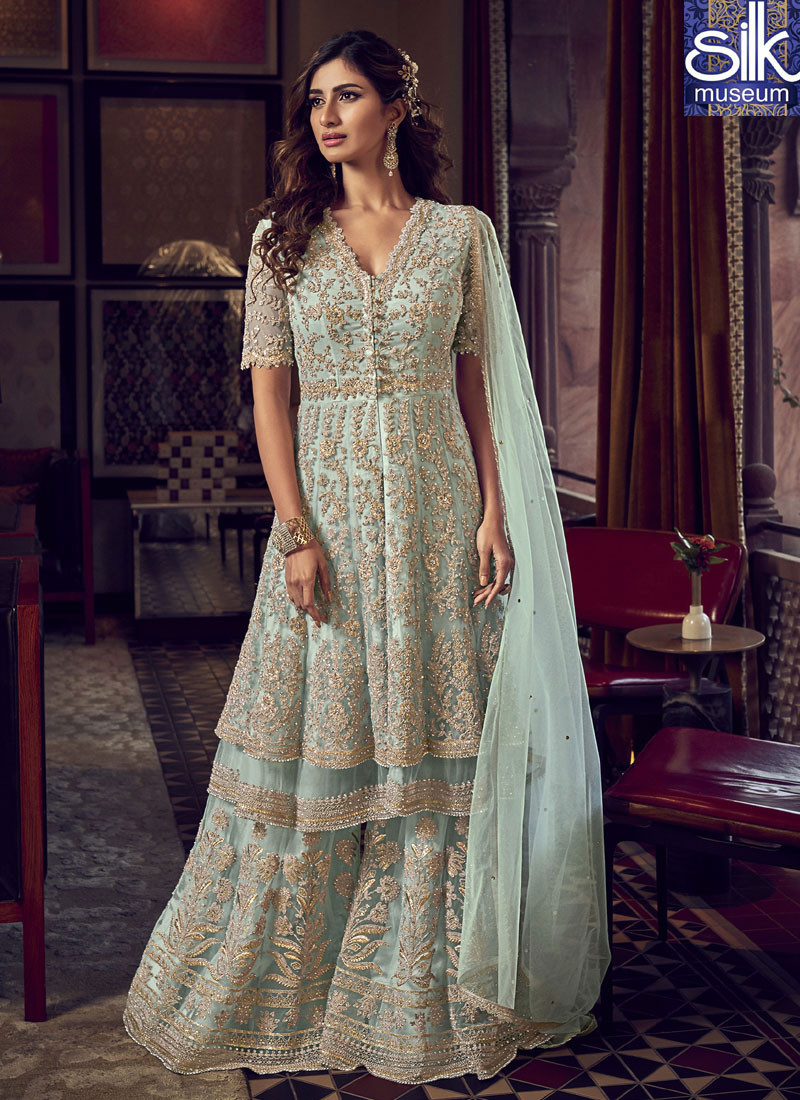 14474 Stunning Baby Blue Color Soft Net Pakistani Style Garara Suit