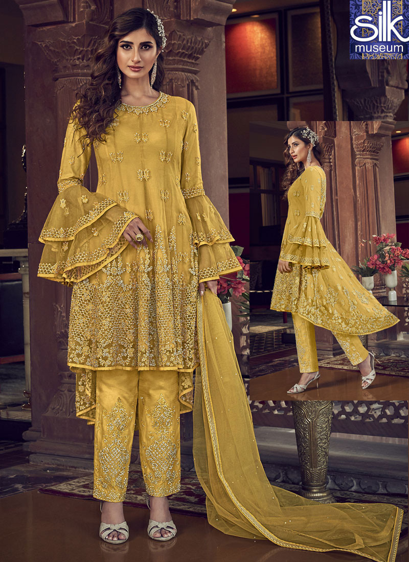 14475 Beautiful Yellow Color Soft Net Designer Party Wear Trail Style Pant Suit
