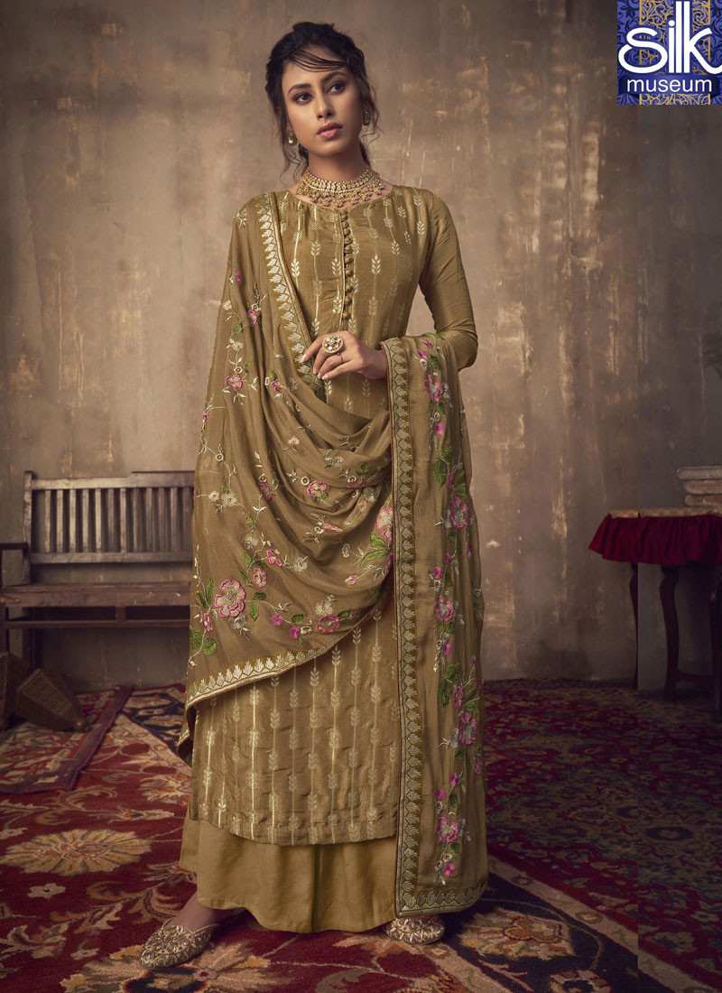 Delightful Olive Brown Color Jacquard Silk Designer Party Wear Palazzo Suit