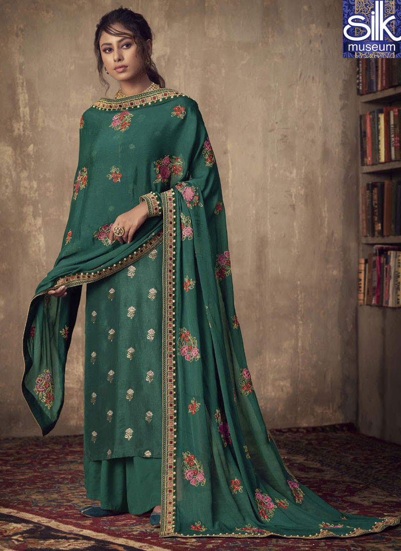14485 Magnetic Green Color Jacquard Silk New Designer Party Wear Palazzo Suit