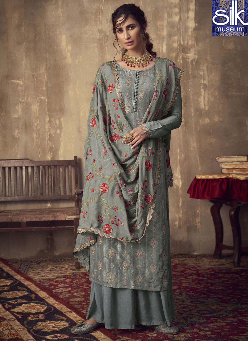 14487 Attractive Grey Color Jacquard Fabric Designer Party Wear Palazzo Suit