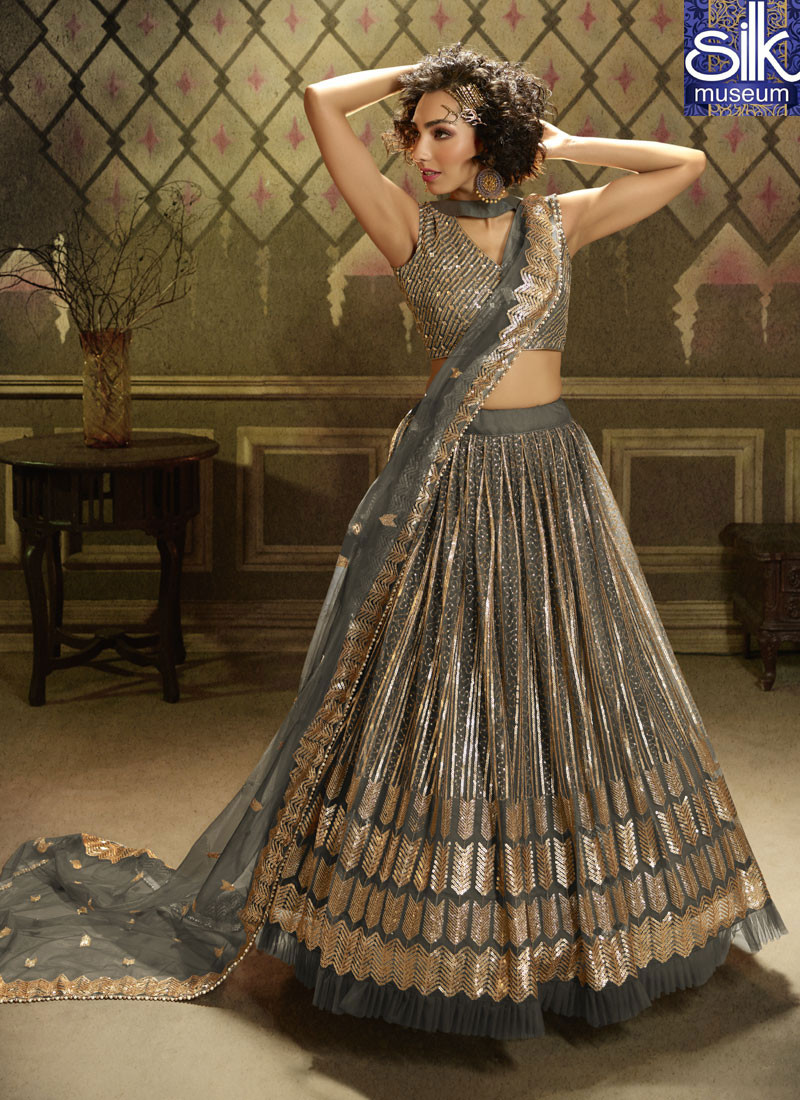 14491 Outstanding Grey Color Soft Net New Designer Party Wear Lehenga Choli