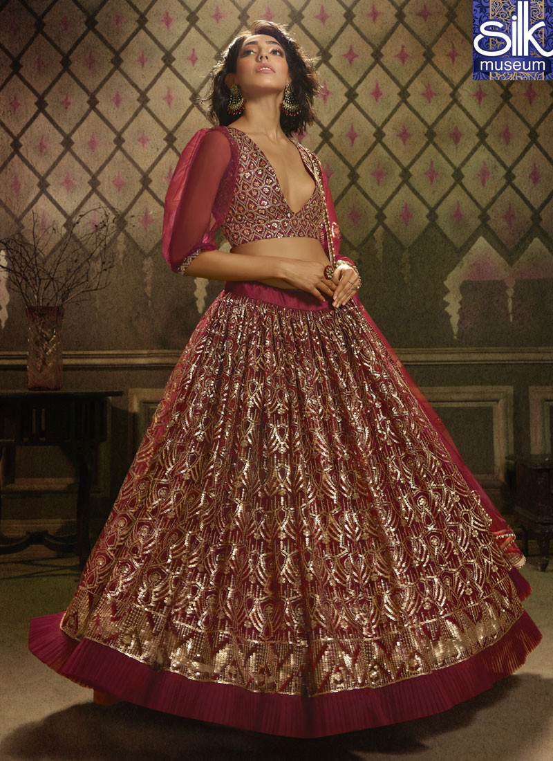 14492 Delightful Maroon Color Soft Net Designer Party Wear A Line Lehenga Choli