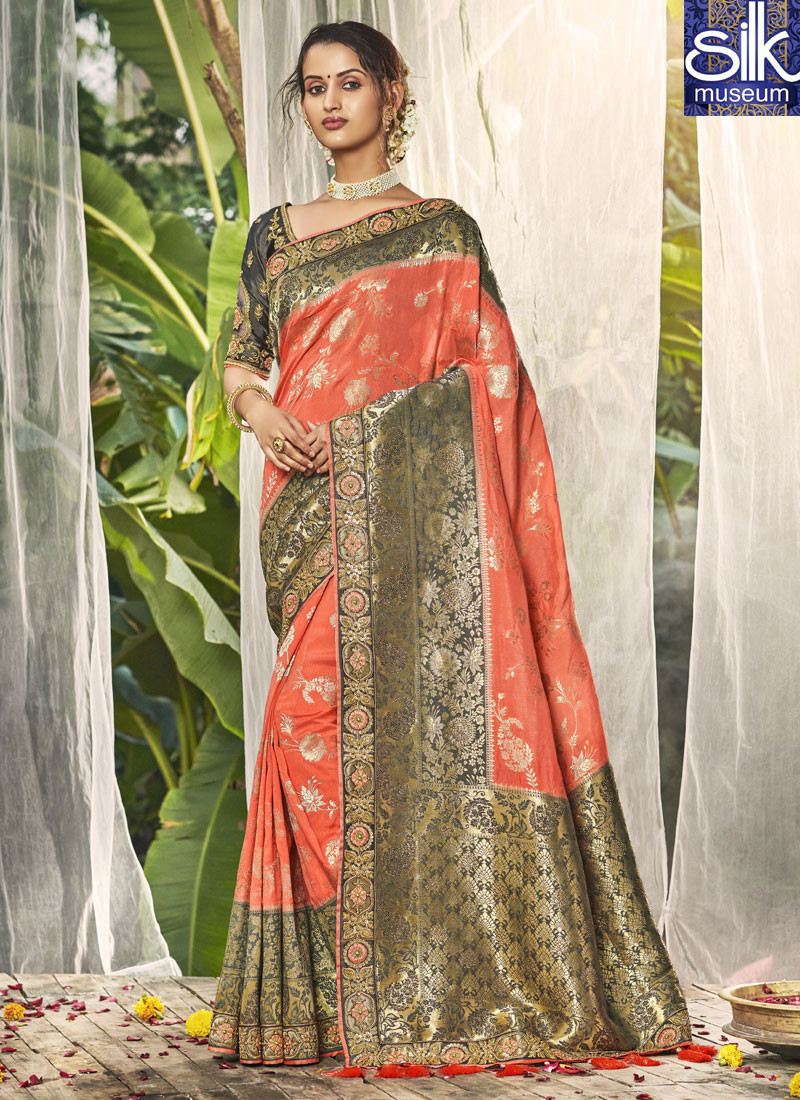 14519 Eye Catchy Peach Color Silk New Designer Party Wear Traditional Saree