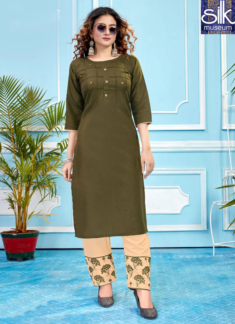 14524 Beautiful Olive Green Color Rubi Slub Cotton Fabric Party Wear Kurti