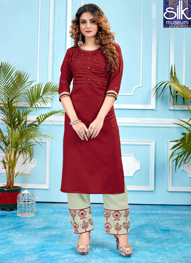 14525 Outstanding Maroon Color Rubi Slub Cotton Designer Party Wear Kurti