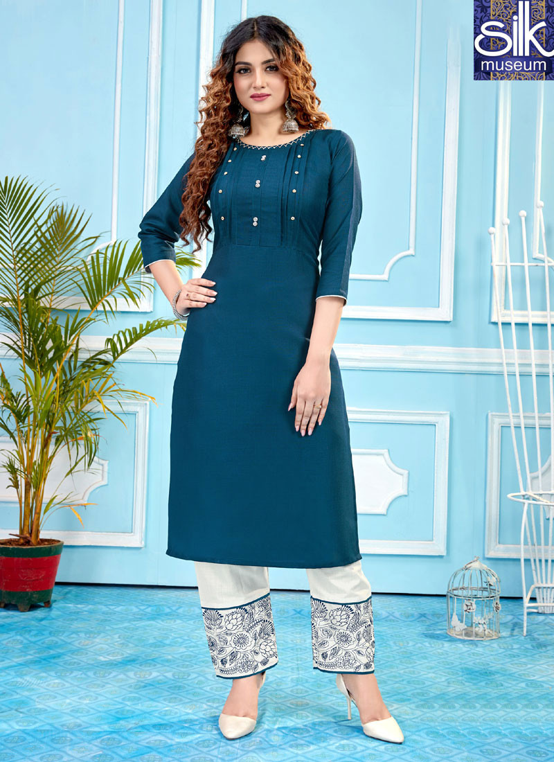 14526 Sparkling Blue Color Rubi Slub Cotton New Party Wear Kurti