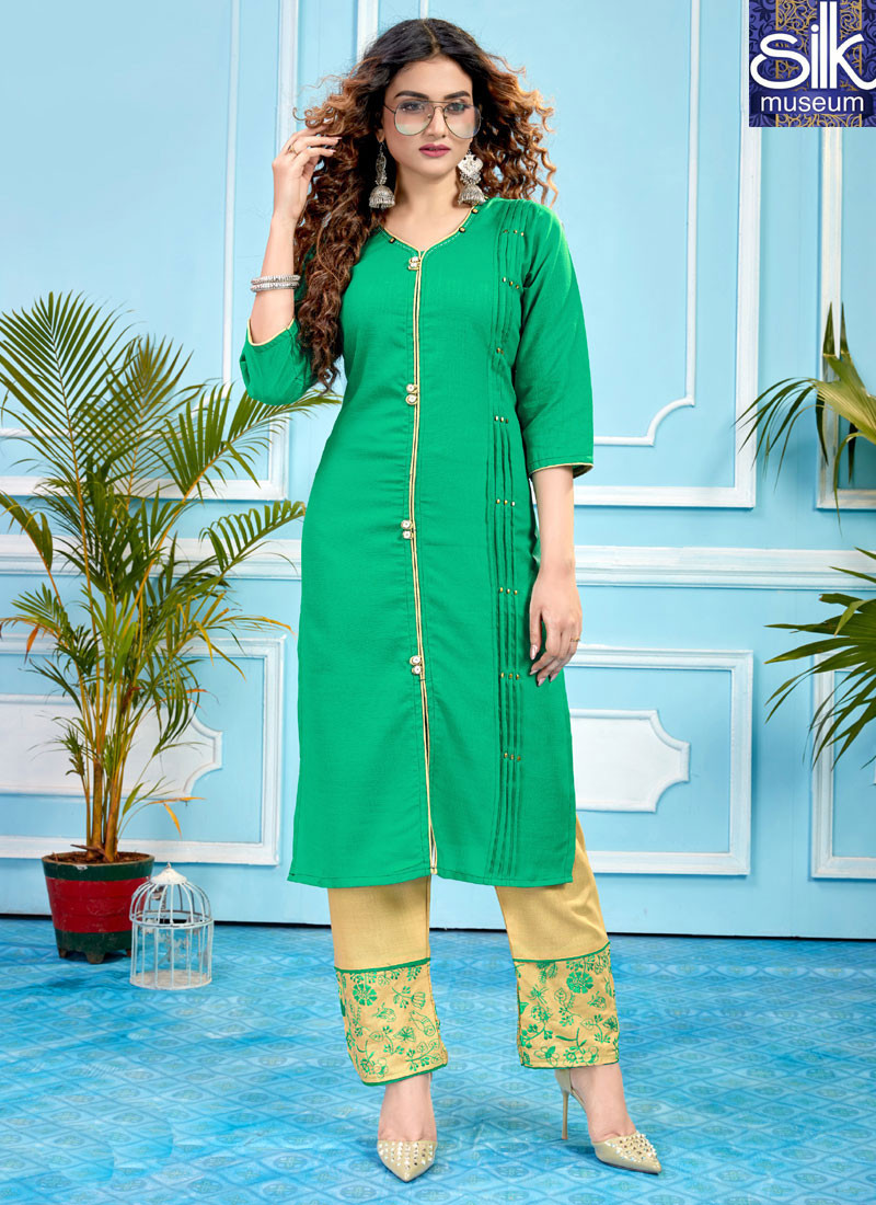 14527 Wonderful Sea Green Color Rubi Slub Cotton Party Wear Kurti
