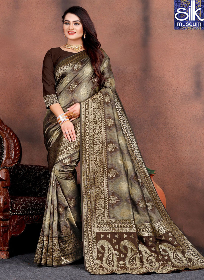 Brown Color Silk Fabric New Designer Party Wear Traditional Saree