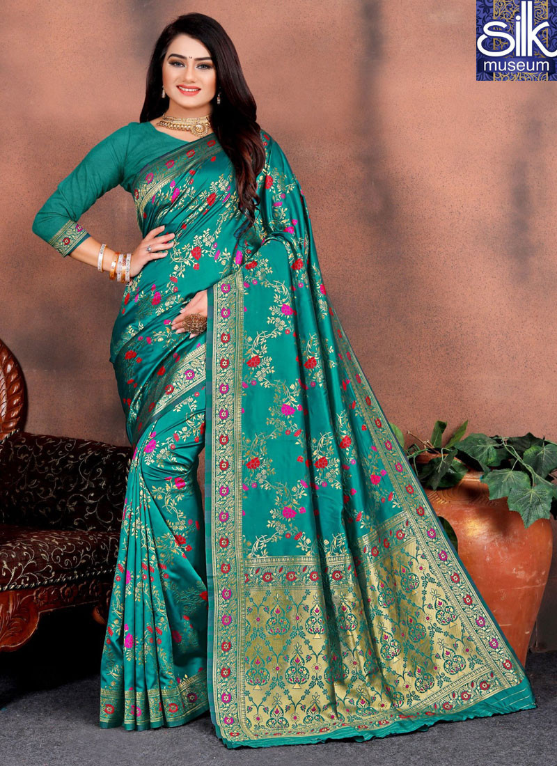 14555 Teal Blue Color Silk Fabric New Designer Party Wear Saree