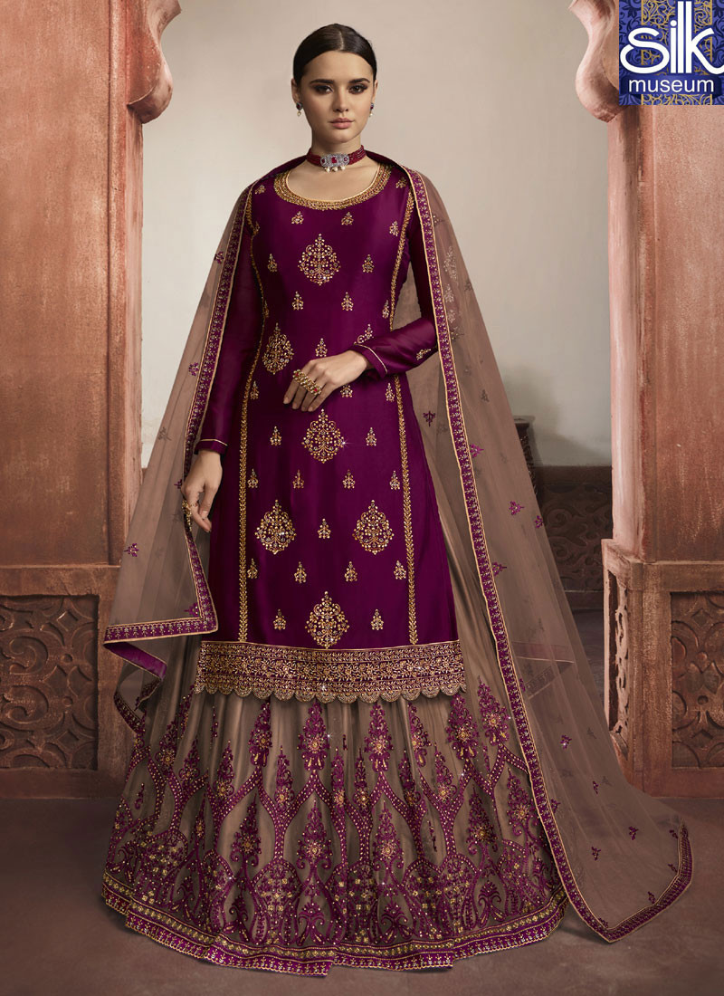 14563 Lovely Purple Color Satin Georgette New Designer Long Top Lehenga Suit