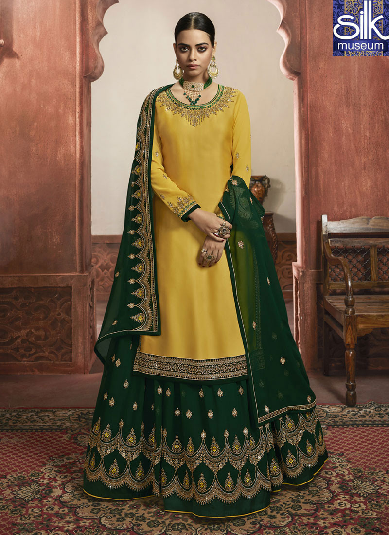 14565 Superb Yellow Color Satin Georgette Designer Long Top Lehenga Suit