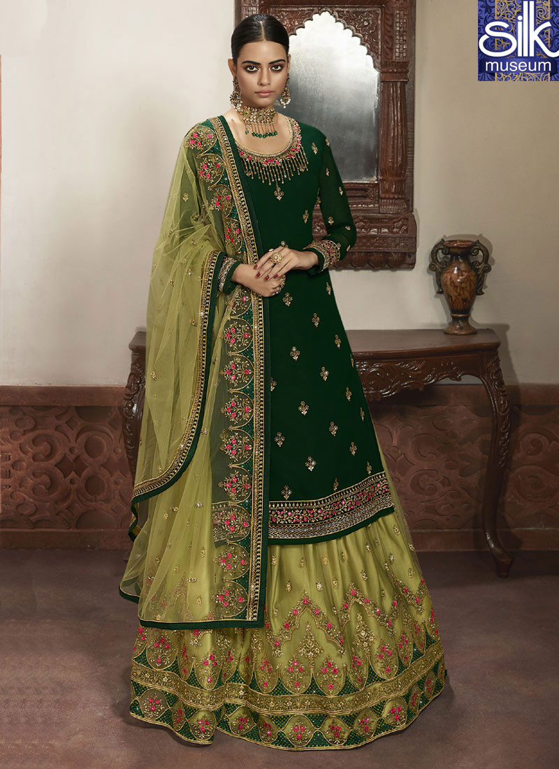 14569 Sparkling Green Color Faux Georgette New Designer Party Wear Lehenga Suit