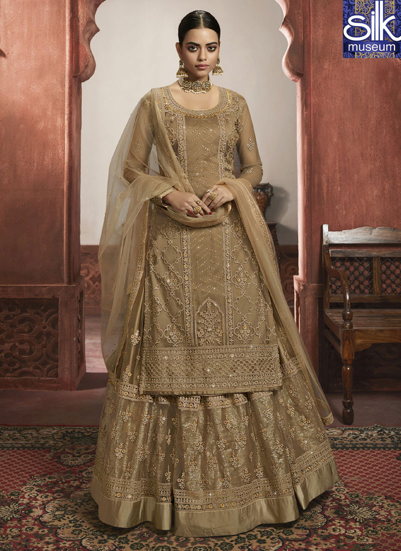 14571 Divine Beige Color Georgette Designer Party Wear Long Top Lehenga Choli