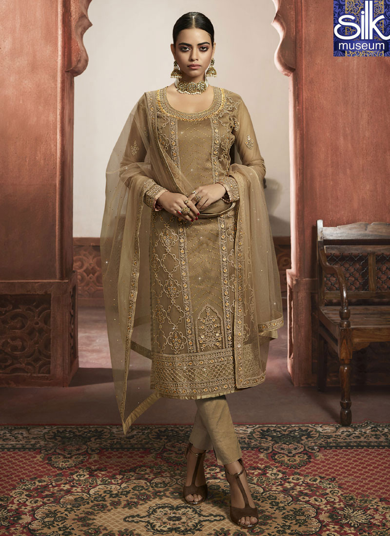 Splendorous Beige Color Net Designer Party Wear Pant Style Suit