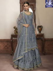 Outstanding Grey Color Soft Net Designer Party Wear Long Top Lehenga Suit
