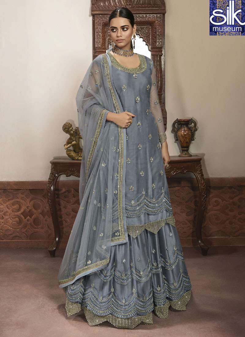 14575 Outstanding Grey Color Soft Net Designer Party Wear Long Top Lehenga Suit