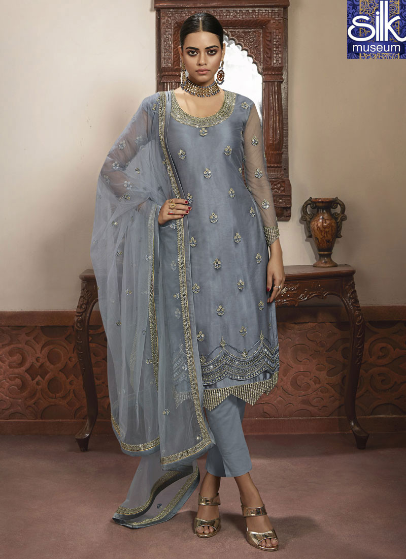 14576 Grey Color Net Designer Party Wear Embroidered Pant Style Suit