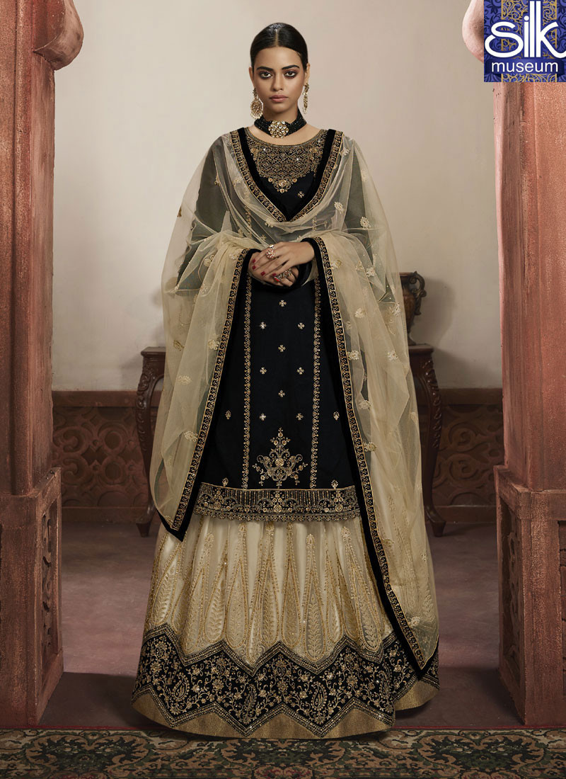 14577 Majestic Black Color Georgette With Net Party Wear Designer Long Top Lehenga Suit
