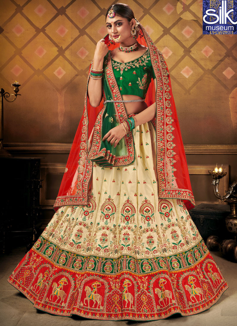 14582 Outstanding Cream Color Satin Silk New Designer Wedding Wear Lehenga Choli