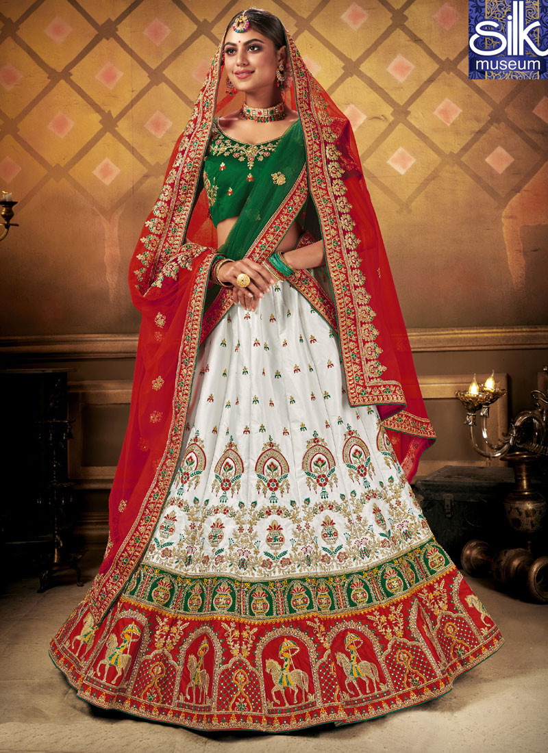 14584 Eye Catchy White Color Satin Silk Designer Wedding Wear Traditional Lehenga Choli