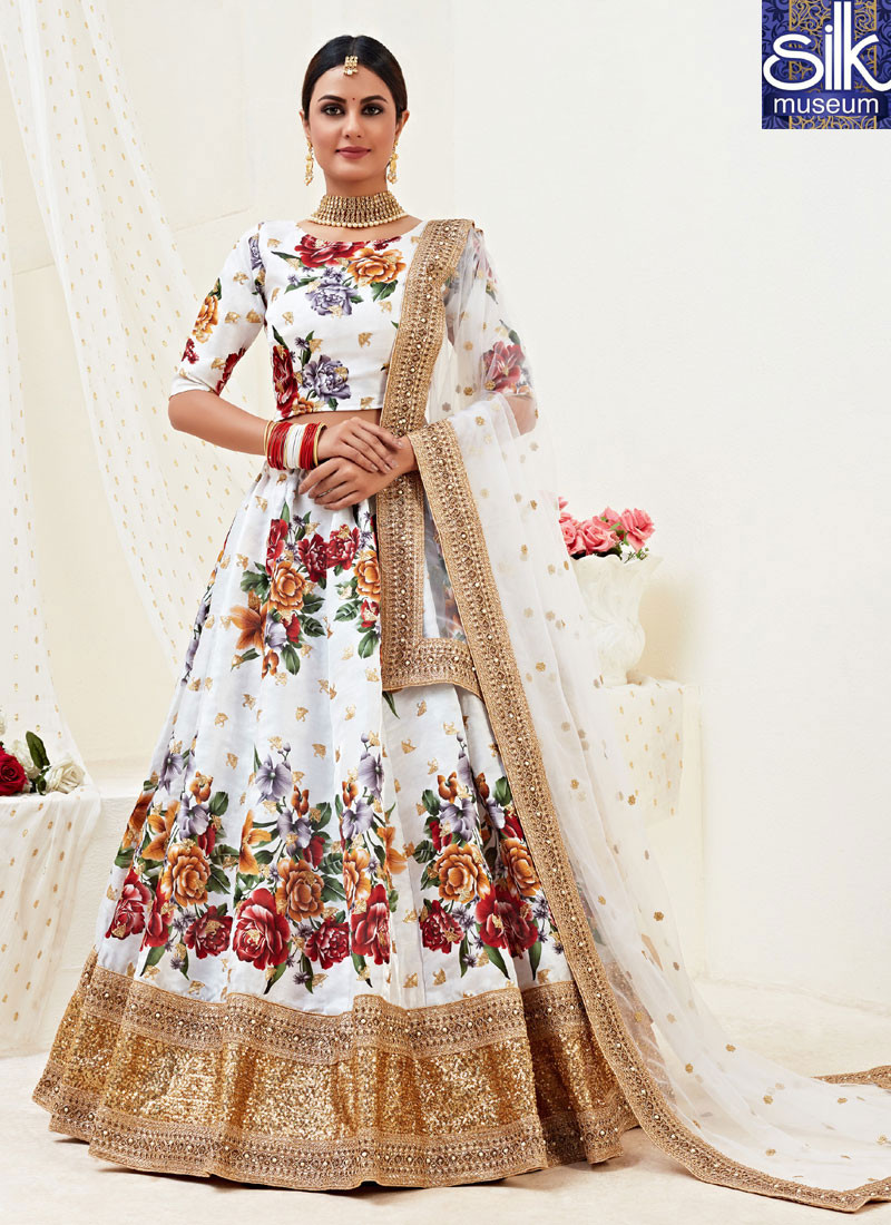 14590 Outstanding White Color Satin Silk Designer Party Wear A Line Lehenga Choli