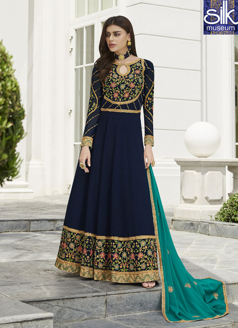 14594 Divine Blue Color Faux Georgette New Designer Party Wear Anarkali Suit