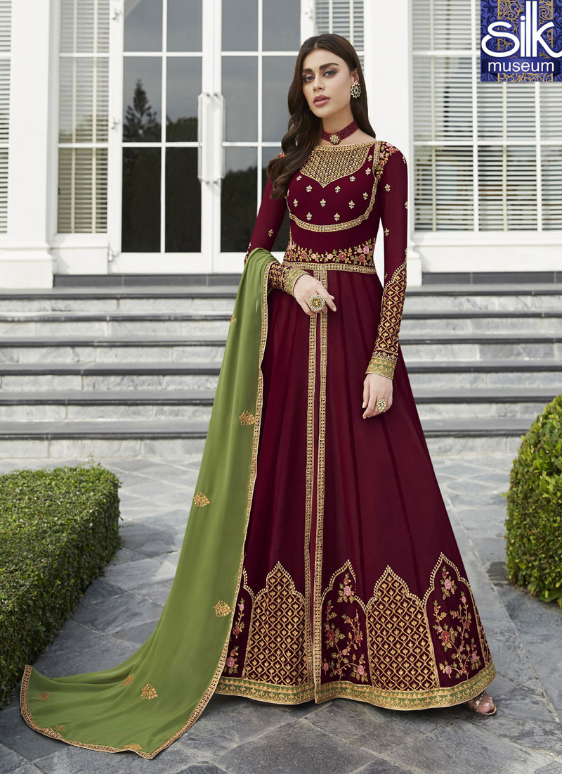 14598 Beautiful Maroon Color Faux Georgette Designer Party Wear Suit