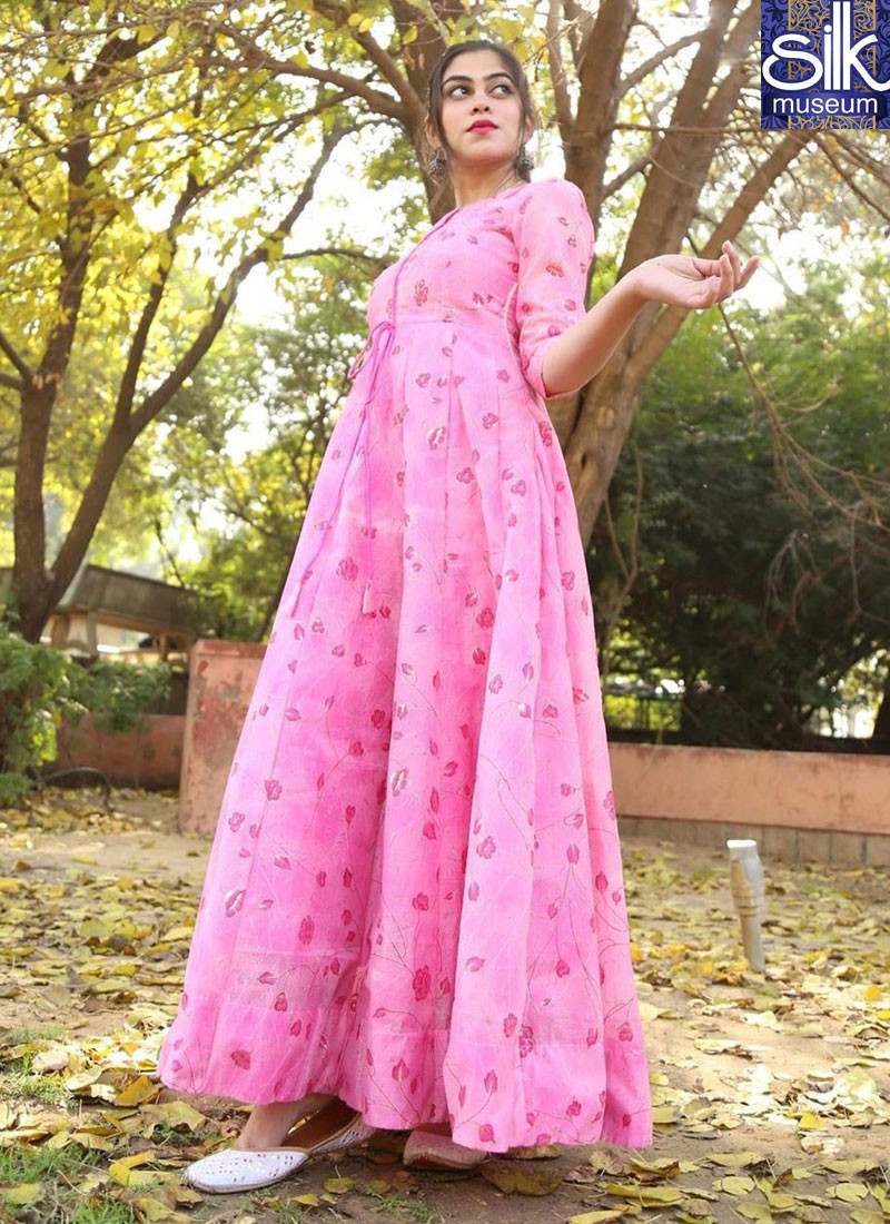 14600 Sparkling Pink Color Chanderi Silk New Designer Party Wear Ready Made Gown